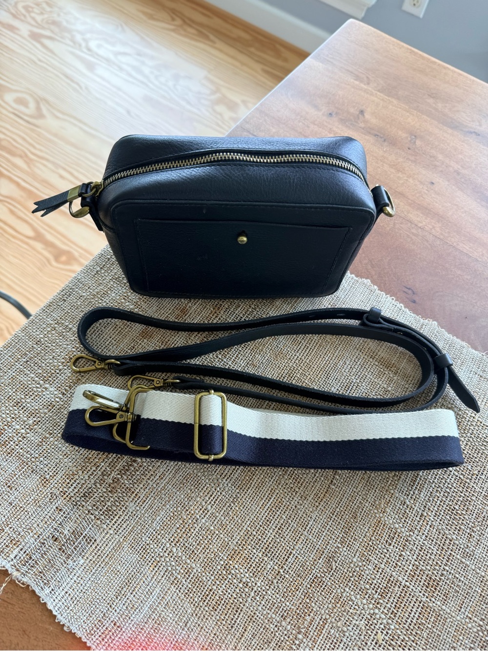Madewell Black Leather Crossbody with Striped Removable Strap
